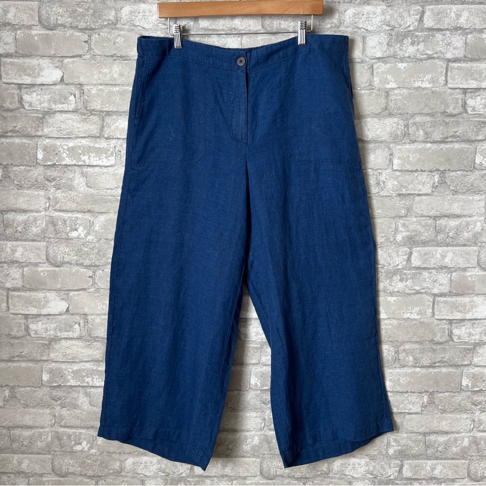 J. Jill *NEW* Love Linen Women's Large Wide Leg Cropped Pants 100% Linen Blue.